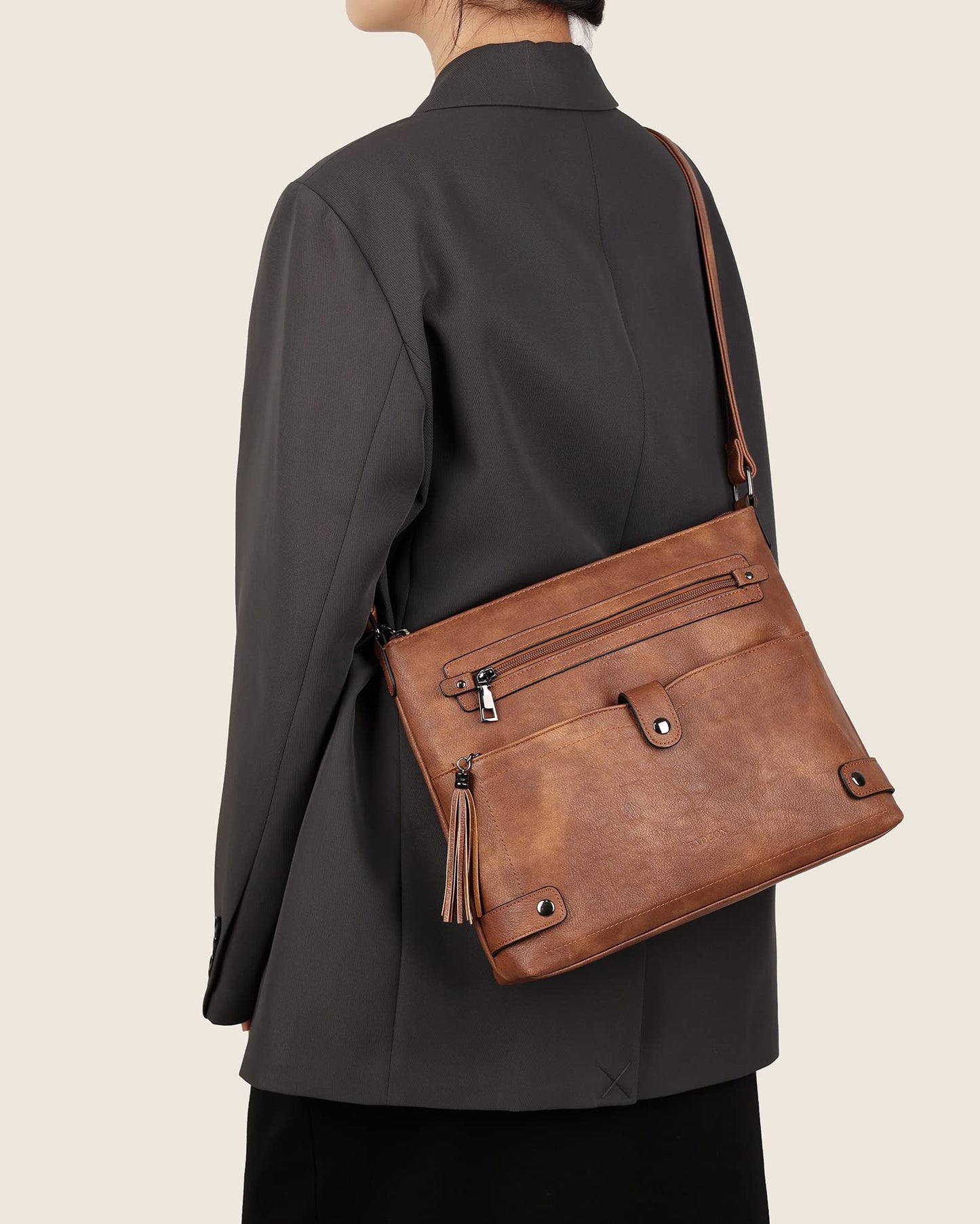 FADEON Large Crossbody Bags Purses for Women Crossbody Bag, Designer Faux Leather Cross Body Purse Multi Pocket Shoulder Bag Brown