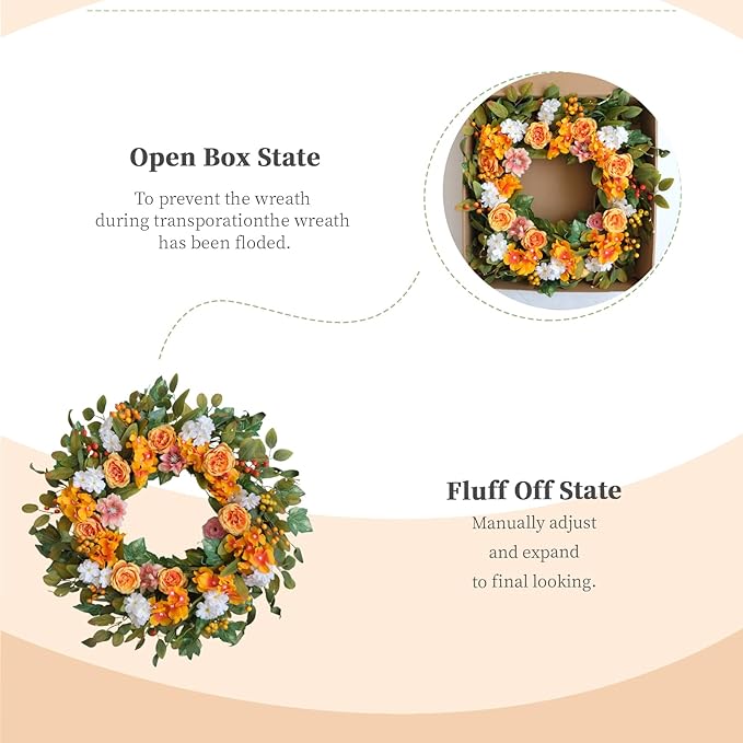 22-inch Fall Wreath Orange Rose Hydrangea Berry Green Leaf Fall Front Door Wreath Indoor Outdoor Decoration Thanksgiving Harvest Festival Party Wedding Office Decoration