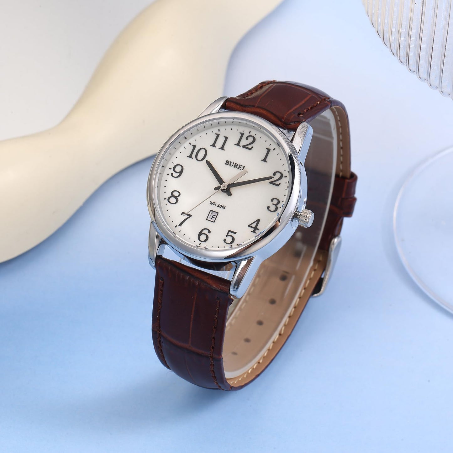 BUREI Women’s Watch 35mm Brown Minimalist Quartz Watch Soft Leather Strap Unisex Casual Dress Watch 3ATM Waterproof