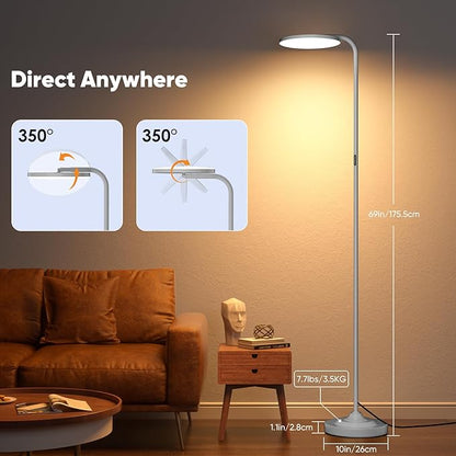 36W LED Floor Lamp, Super Bright Standing Lamp, Modern Stepless Dimmable Torchiere Tall Lamp with Remote Control, 350°Rotating Head Reading Floor Lamp for Living Room, Bedroom - Silvery Grey