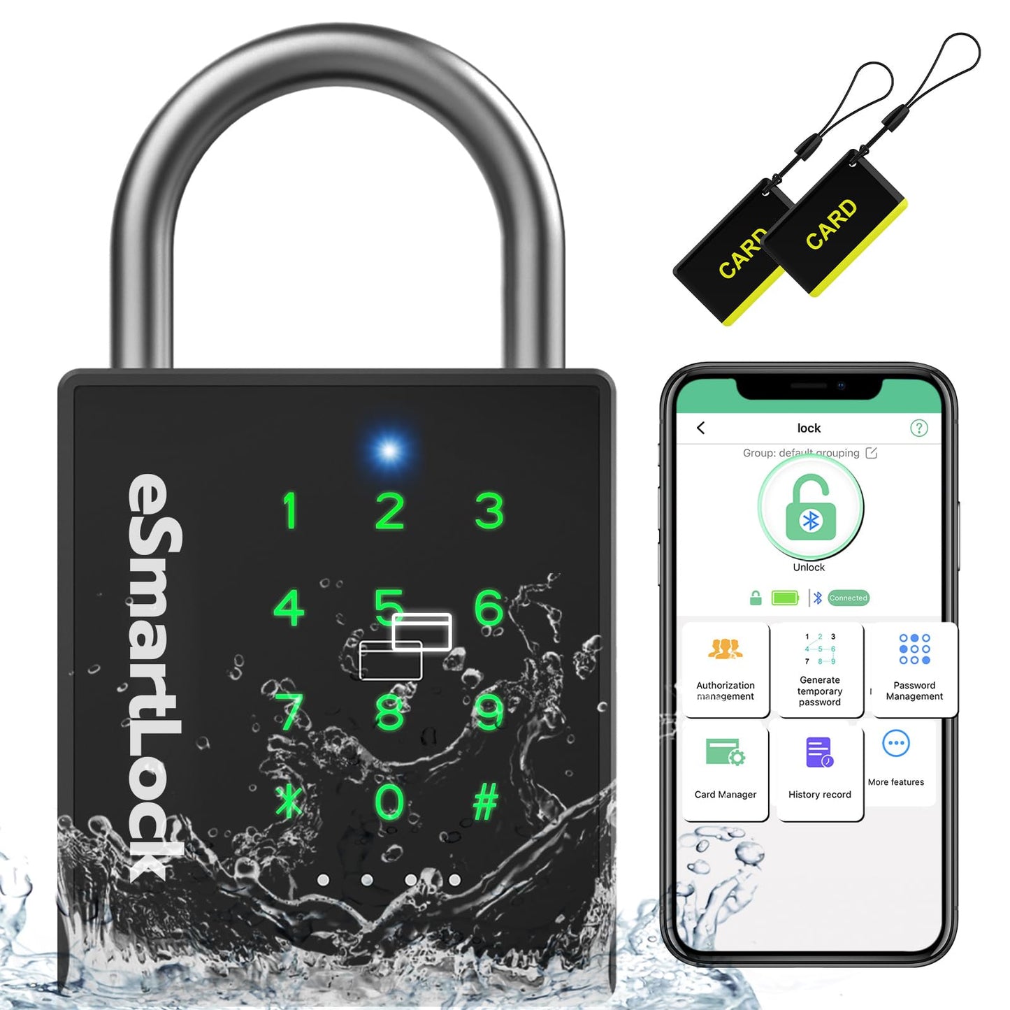 Pothunder Heavy Duty Smart Padlock, Outdoor Padlock with Key Code and RFID, Weatherproof Biometric Digital Lock for Gate, Sheds, Fence, Garage, Locker, Storage Unit