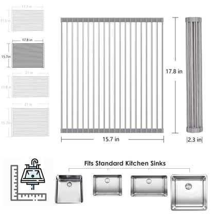 Tomorotec Roll Up Dish Drying Rack Over The Sink Grey Large Dish Drying Rack Rolling Foldable Collapsible SUS304 Stainless Steel Multipurpose Dish Drainer for Kitchen Counter (21”x15.7”)
