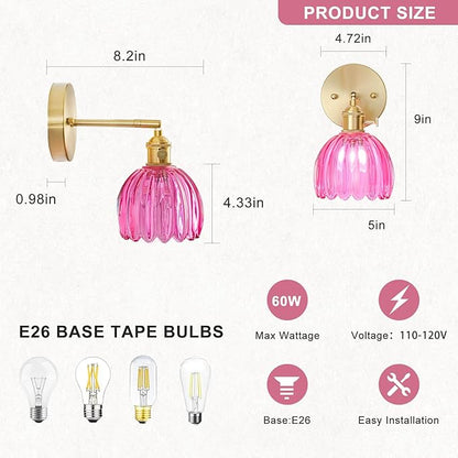 Hardwired Wall Sconce Light, Vintage Wall Sconce with Switch, Gold Wall Light Fixture with Tulip Ruby Red Glass Lampshade, Indoor Wall Light for Bedroom Bathroom, Bedside Wall Lamp