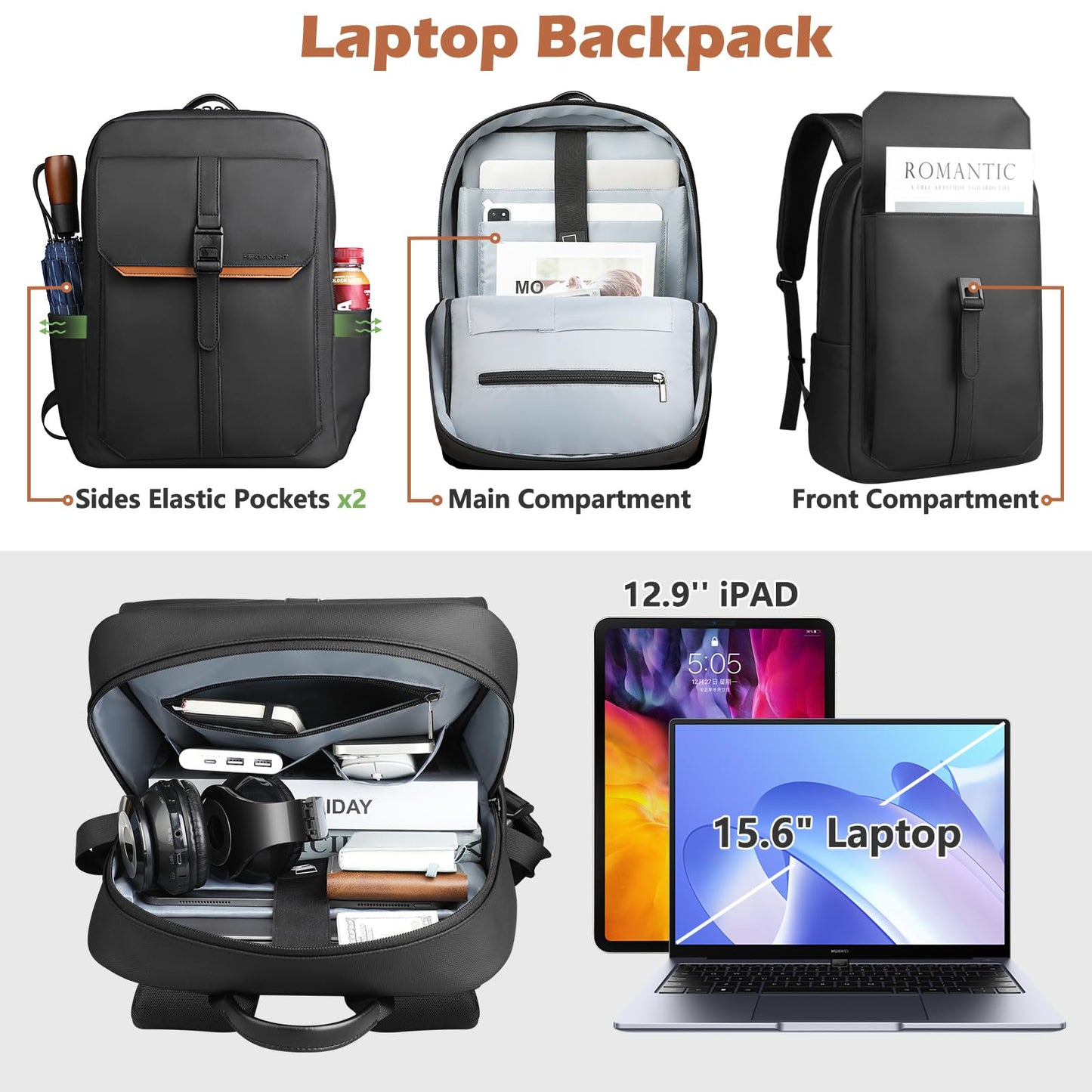 hk Slim Laptop Backpack for Men Women, Lightweight Business Backpacks 15.6 Inch Water-resistant Computer Bag for College Work Daily