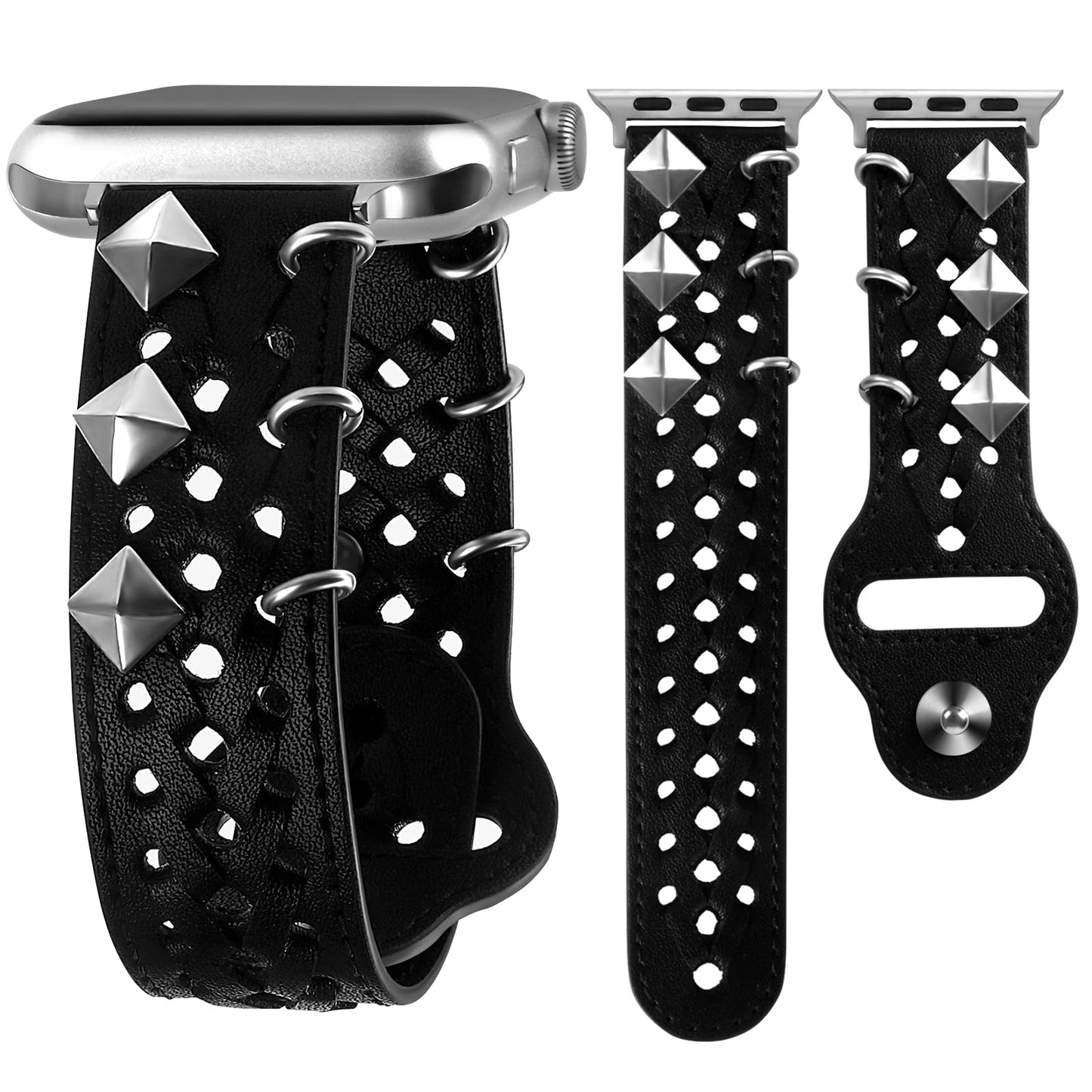 VIQIV Leather Band Compatible with Apple Watch Ultra Band 38mm 41mm 40mm for Women Men, Hollow-out Woven Rivets Bracelet Designer Wristbands Smartwatch Strap for iWatch Series SE 8 7 6 5 4 3 2