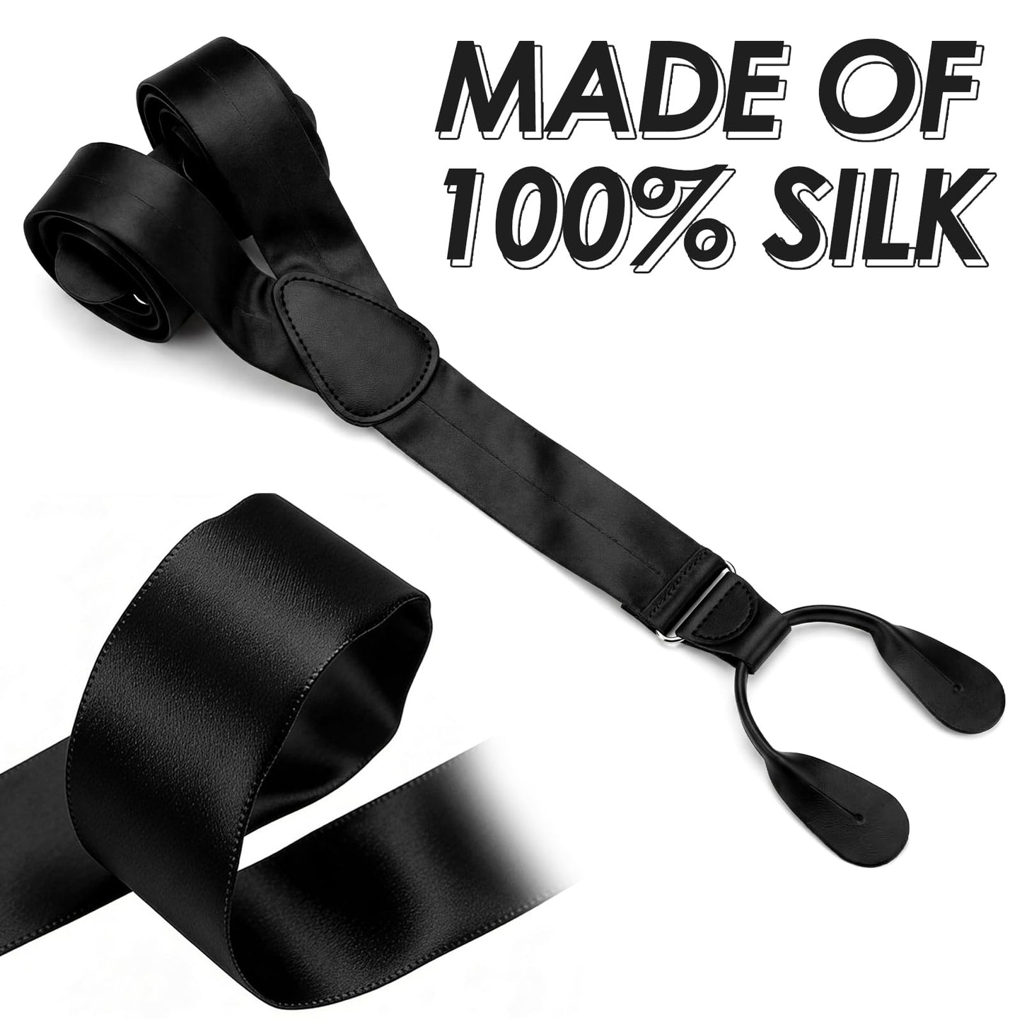 Yearntown Silk Suspenders for Men Black Tuxedo Formal Y Back Suspenders Men 46inch Formal Button End Braces for Tuxedo Pants(Classic)