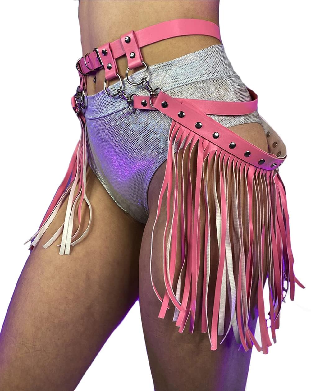 Sexy Leather Waist Belt Tassel Punk Harness Vintage PU Leather Waistband Belt Rocker Dance Performance Costume (Pink)