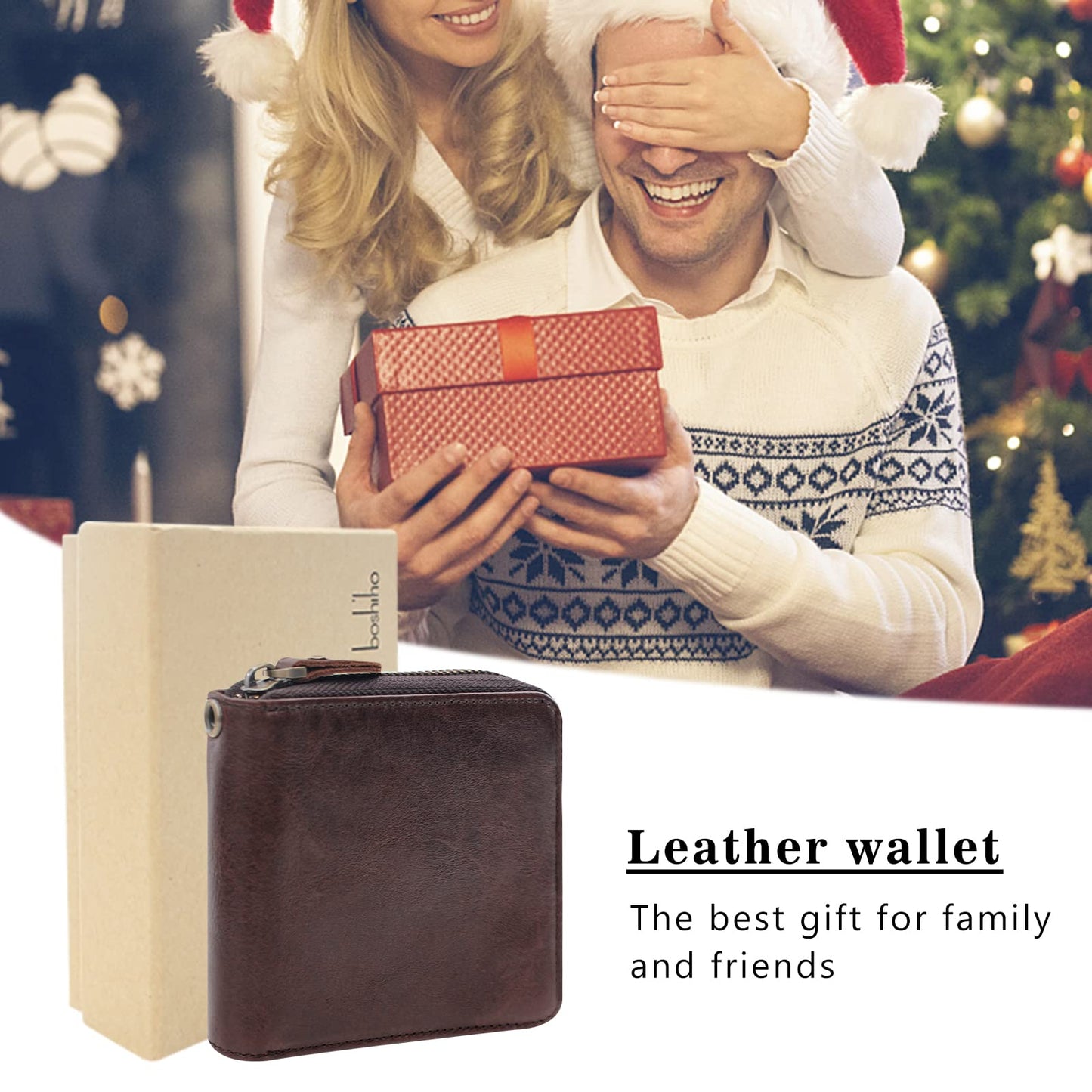 boshiho Real Leather RFID Blocking Bifold Wallets for Men Double Zipper Coin Pocket Purse with Anti-Theft Chain (Coffee 02)