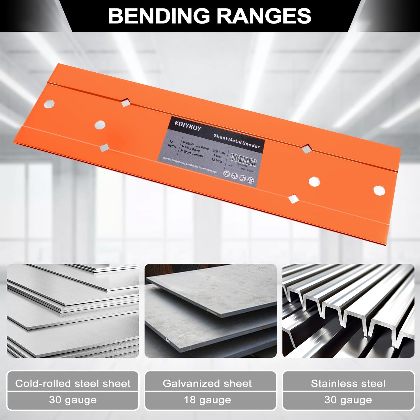 Kbiykuy Sheet Metal Bender Folding Tool, 12 Inch Hand Seamer for HVAC Ductwork, Roofing & Metal Panels, 3/8" & 1" Fold Depth, Heavy Duty Steel Brake with High-Visibility Orange Finish