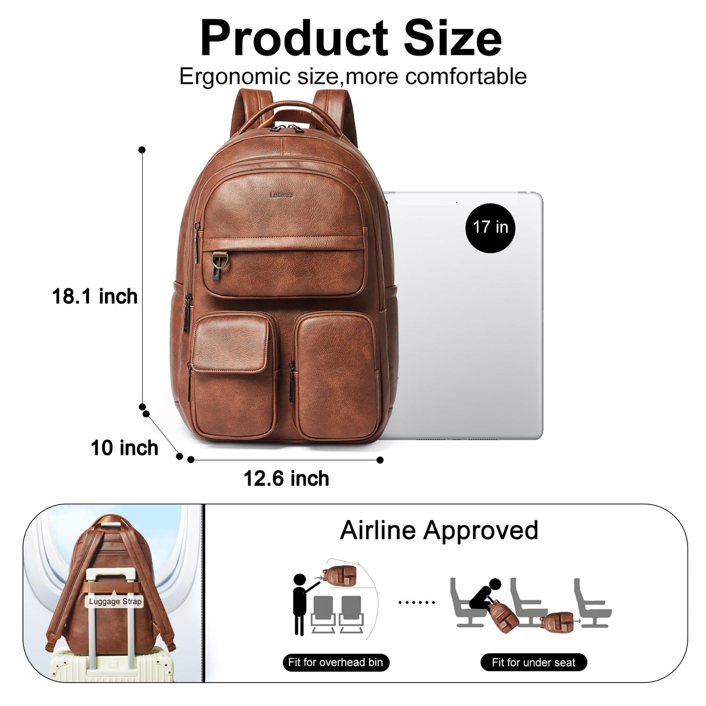 LATMAP Vegan Leather Backpack Purse for Women Men 17 Inch Laptop Backpack for Travel Multipurpose Design Ladies Work College Handbag Shoulder Bag - Brown
