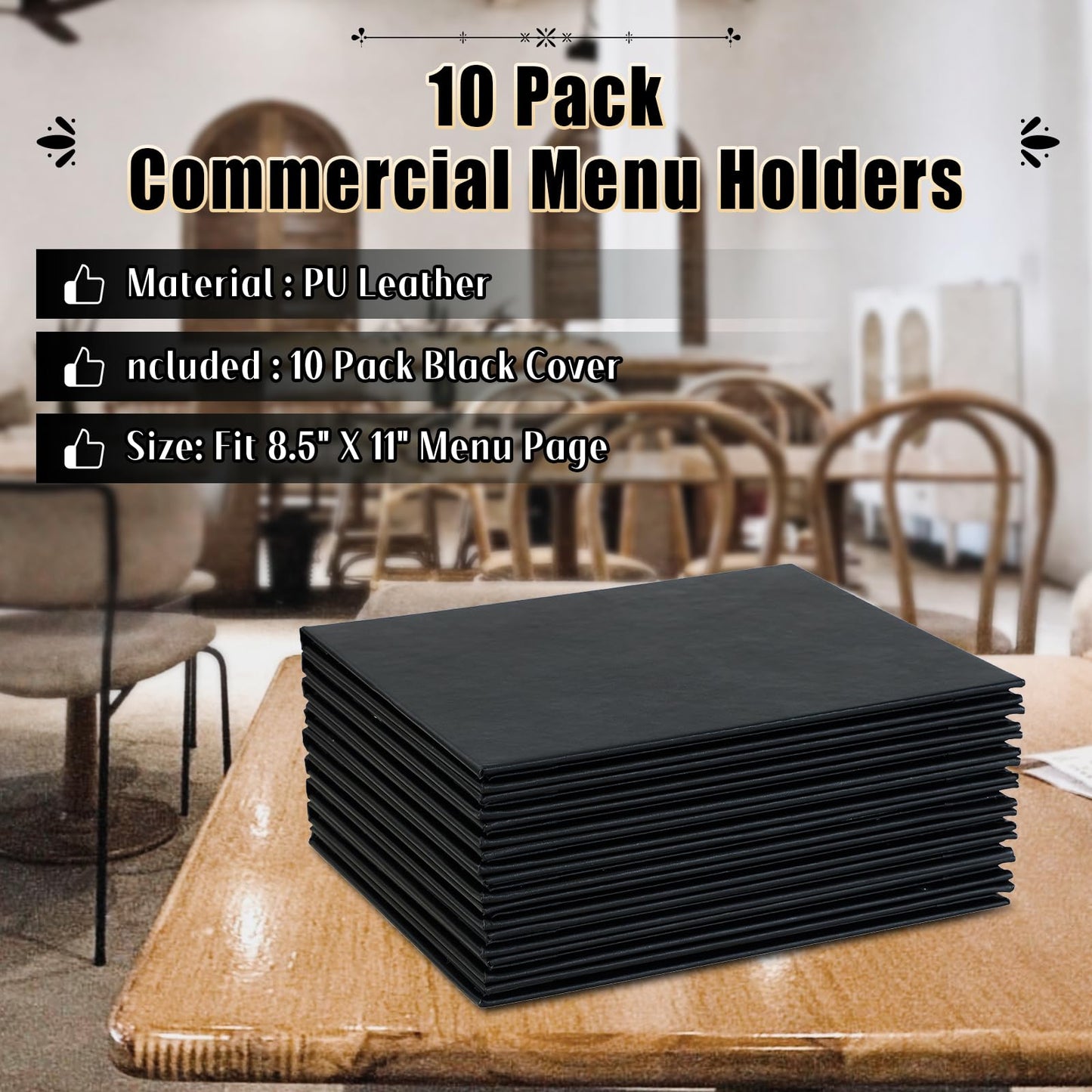 FLKQC Restaurant Menu Covers Holders 8.5" x 11" | Pack of 10 Synthetic Leather Double Fold Panels 2 View with PVC Cover for Wine List, Drinks (10, Double Fold Panels 2 View (8.5 x 11 inch))