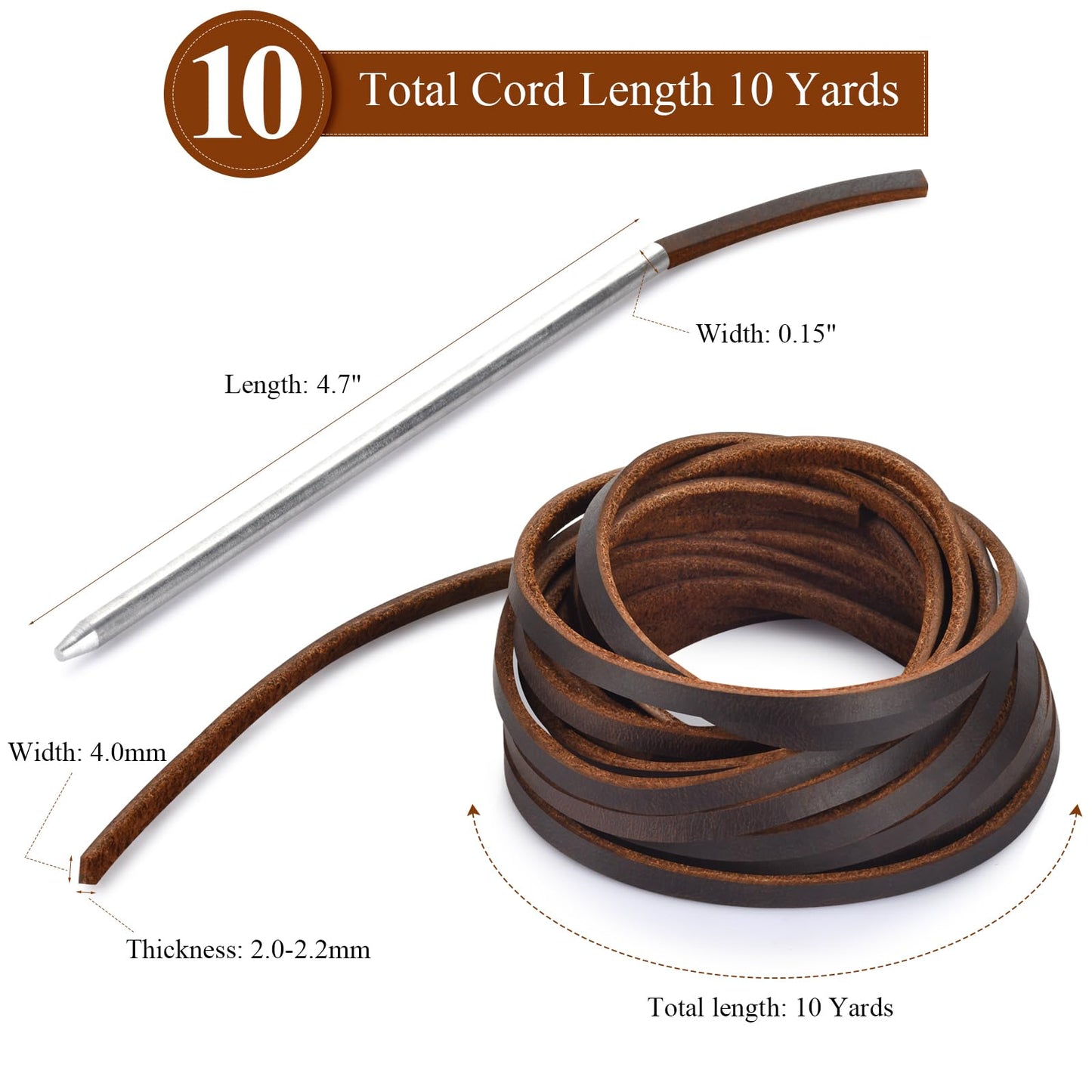 10 Yards Flat Genuine Leather Laces, Leather Strips Cord, Full Grain Cowhide Straps String for Braided, Braiding, Jewelry Making and Craft (4MM_Dark Brown_1 Lacing Needle)