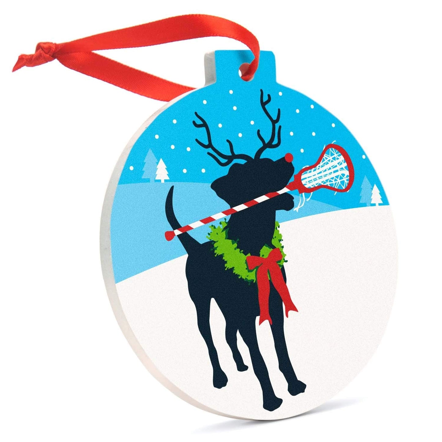 ChalkTalkSPORTS Girls Lacrosse Round Ceramic Ornament | Jingles The Lax Reindeer Dog