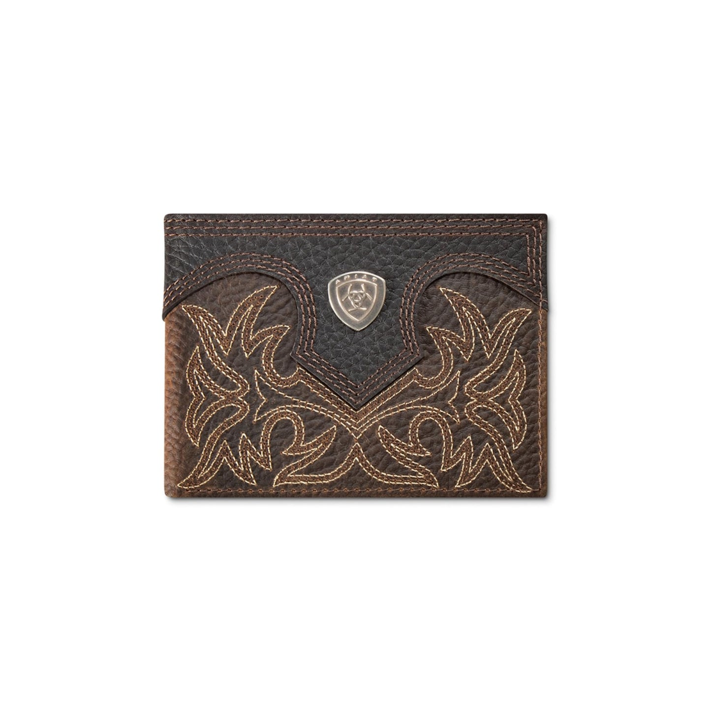 ARIAT Men's Boot Stitch Shield Bifold Wallet with Removable Pass Case, Embroidered Leather, Brown