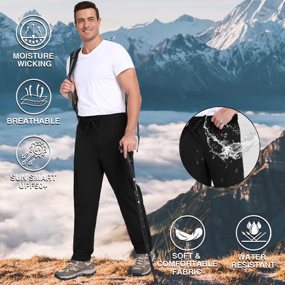 Qngwrtk Men's Lightweight Hiking Pants 5-Pocket Elastic Waist Breathable Water-Resistant Quick Dry Outdoor Pants for Running Travel Camping Black
