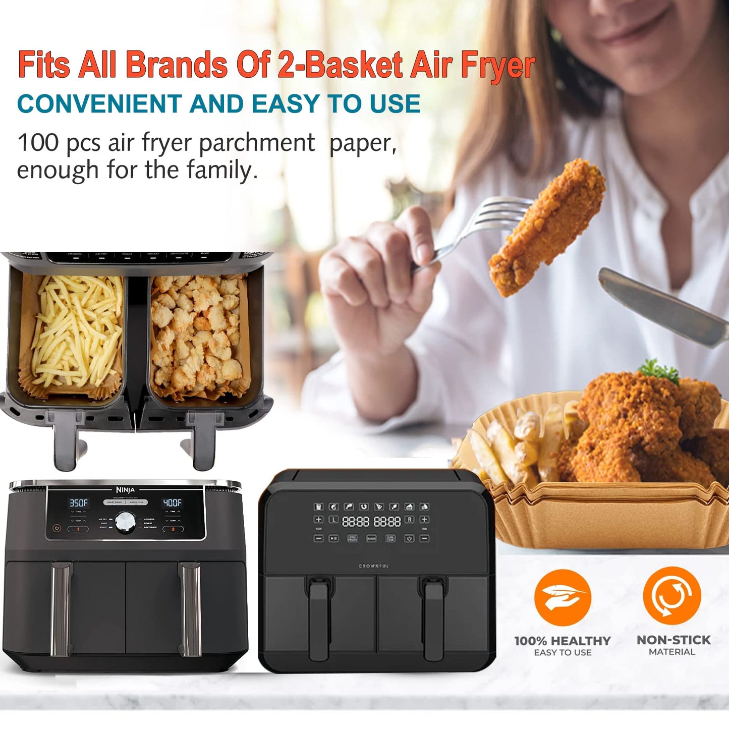 Air Fryer Liners Disposable 9 Inch, 9 inch Air Fryer Liners 125 Pcs Large Square Air Fryer Paper Liners for 5QT 6qt 8QT Air Fryer, Non-stick Parchment Paper for Frying, Baking