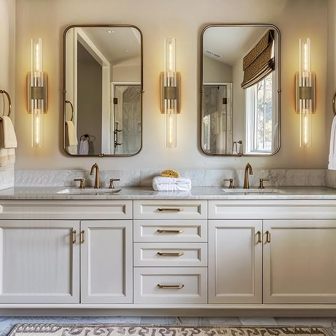 Wall Sconces Set of Two, 22.8" Gold Bathroom Sconces Wall Lighting with Clear Glass, Modern Sconces Wall Decor Brass Light Fixtures for Bathroom Mirror Living Room Hallway Bedroom