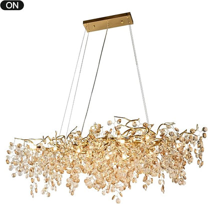 Modern Crystal Tree Branches Chandeliers Gold Luxury Round Raindrop Pendant Light Fixture 12 Light Ceiling Hanging Light for Dining Room Bedroom Living Room Entryway
