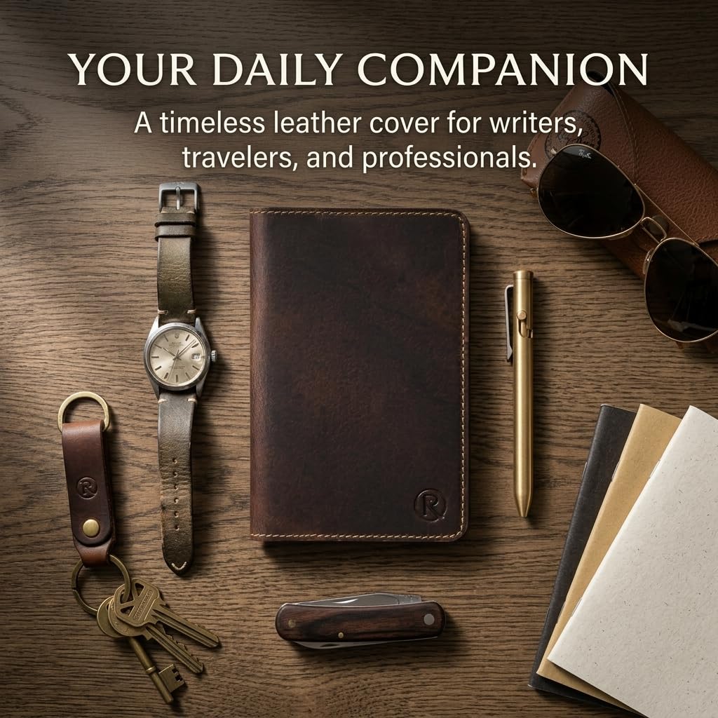 Rustique Leather Field Notes Cover Collection - Refillable Travel Journal & Notebook Organizer with Card Slots - Handmade Full Grain Leather (Curved Pocket Set - Smoky Bourbon)