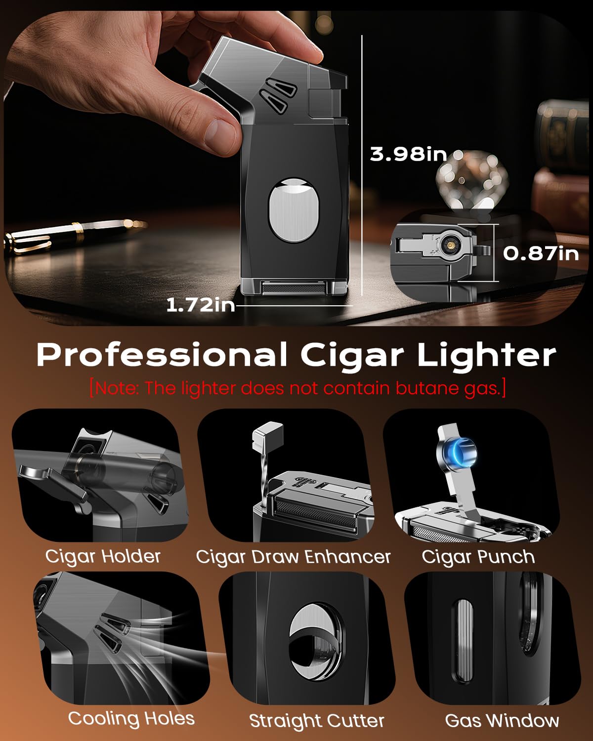 Cigar Humidor Set with 5-in-1 Cigar Lighter, V Cutter, Cigar Holder, Cigar Draw Enhancer, Humidifier&Hygrometer, Portable Travel Cigar Humidor Box, Cigar Accessories Cigar Case, Cigar Gifts for Men
