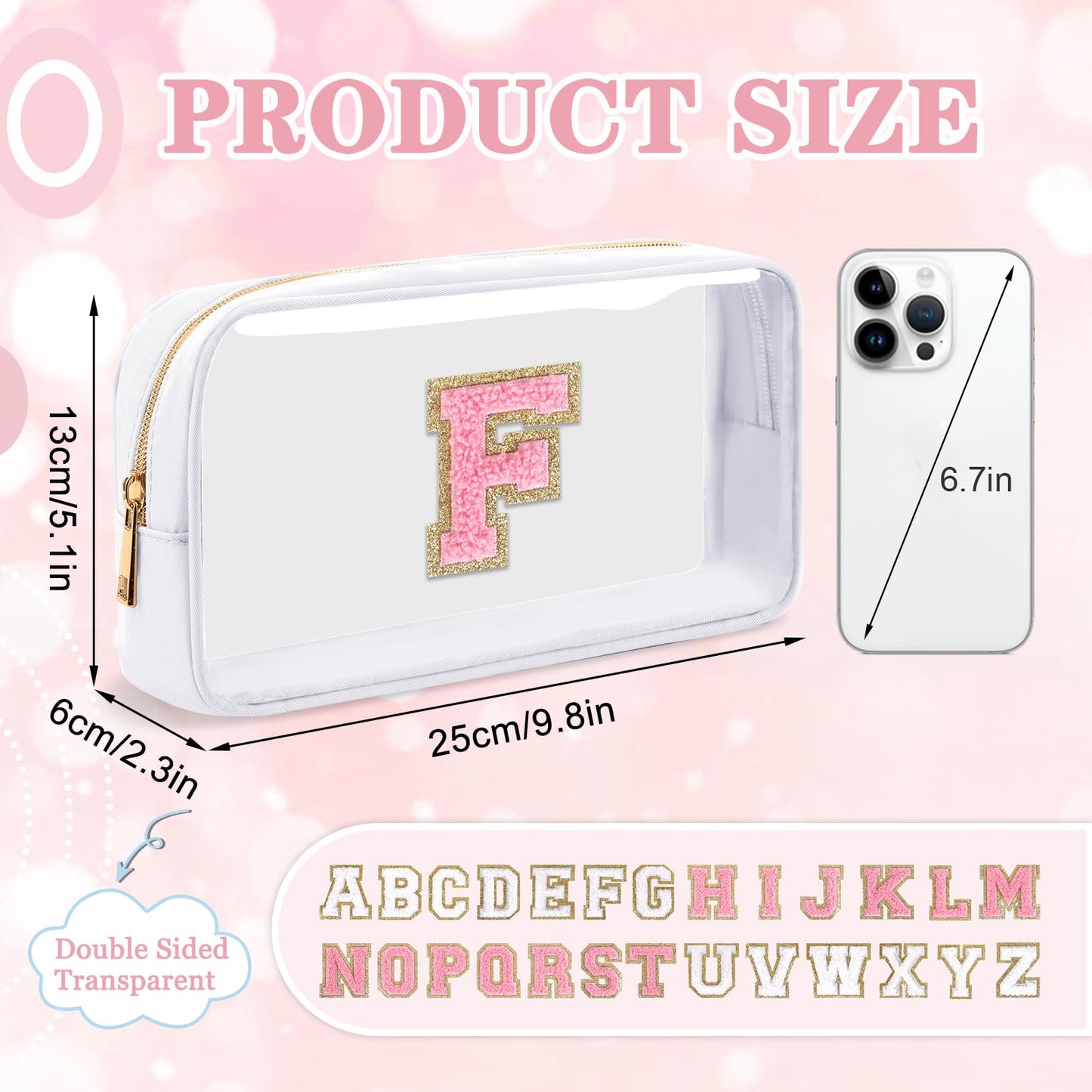 Small Clear Personalized Initial Makeup Bag,Nylon Preppy A-Z Chenille Letter Patch Cosmetic Pouch Beach Toiletry Bag,Waterproof Zipper Travel Purse Storage Bag Organizer for Women Girls(White-Pink F)