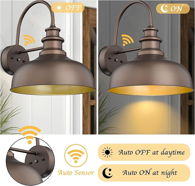 Bestshared 14 Inch Dusk to Dawn Gooseneck Barn Lights Farmhouse Outdoor Wall Sconce Industrial Exterior Wall Lighting Fixture Vintage Porch Lantern Lamp for Patio,Garage,Front Door(ORB+Gold,14"-1Pack)
