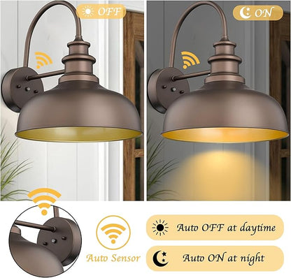 Bestshared 16 Inch Dome Large Dusk to Dawn Gooseneck Barn Light Anti-Rust Farmhouse Outdoor Wall Sconce Industrial Outdoor Wall Lights Exterior Lighting Fixture,Garage Lamp(ORB+Gold, 16” Dome-1Pack)