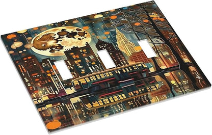 City Light Moon Bus Abstract Art Light Switch Covers 3 Gang Triple Toggle Wall Plate Decorative Switchplate Electrical Faceplate for Farmhouse Living Decor
