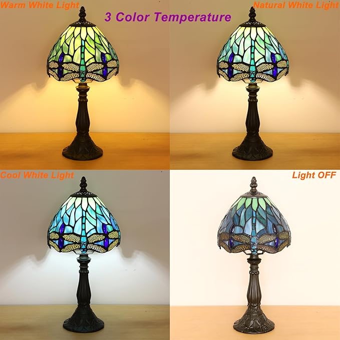Small Tiffany Lamp 3 Color Temperature Blue Dragonfly Stained Glass Table Lamps 7X7X14 Inch Bedside Nightstand Night Light Desk Office Light for Living Room Bedroom W/LED E12 Bulb