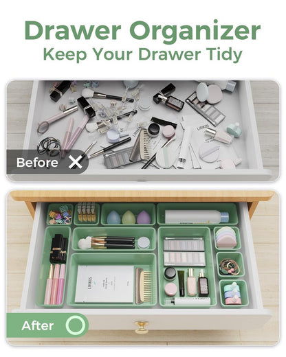 BiuLeon 25 PCS Plastic Drawer Organizers Set, 4-Sizes Vanity and Makeup Organizer, Desk and bathroom Drawer Organizer Trays, Organizers and Storage for Makeup, Jewelry, Gadgets, Utensils (Green)