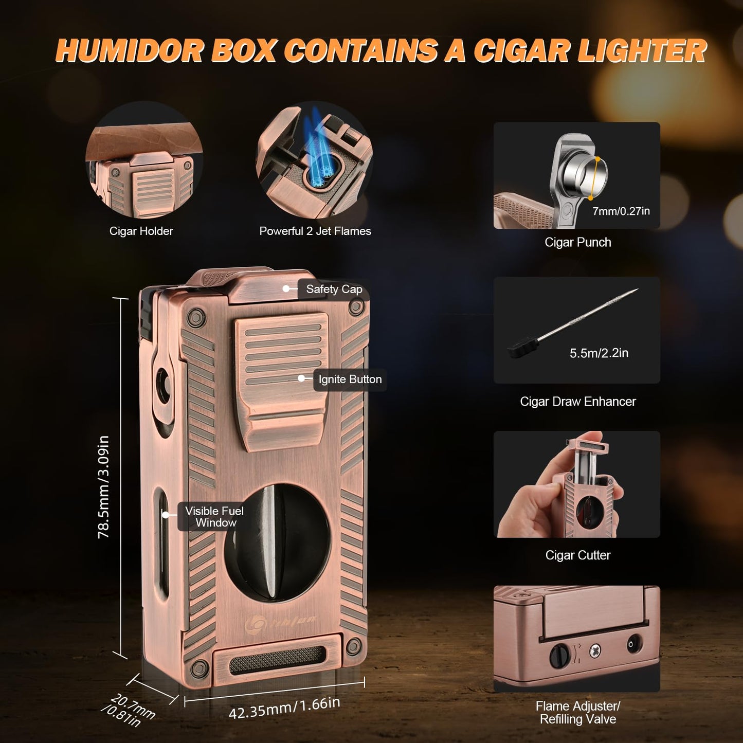 LIHTUN Cigar Humidor, Leather Cedar Wood Travel Cigar Case and Multifunctional in 1 Cigar Lighter Set Portable Travel Humidor Box Cigar Gift for Men (Brown)
