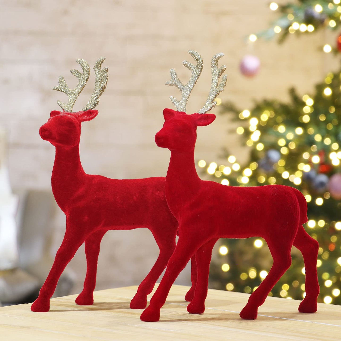 Season 2 Season Christmas Reindeer Tabletop 2 Set 12.5" H Red Flocking Standing Deer Decorations, Indoor Decorative Ornaments for Kitchen Mantle Shelf Office Home Décor