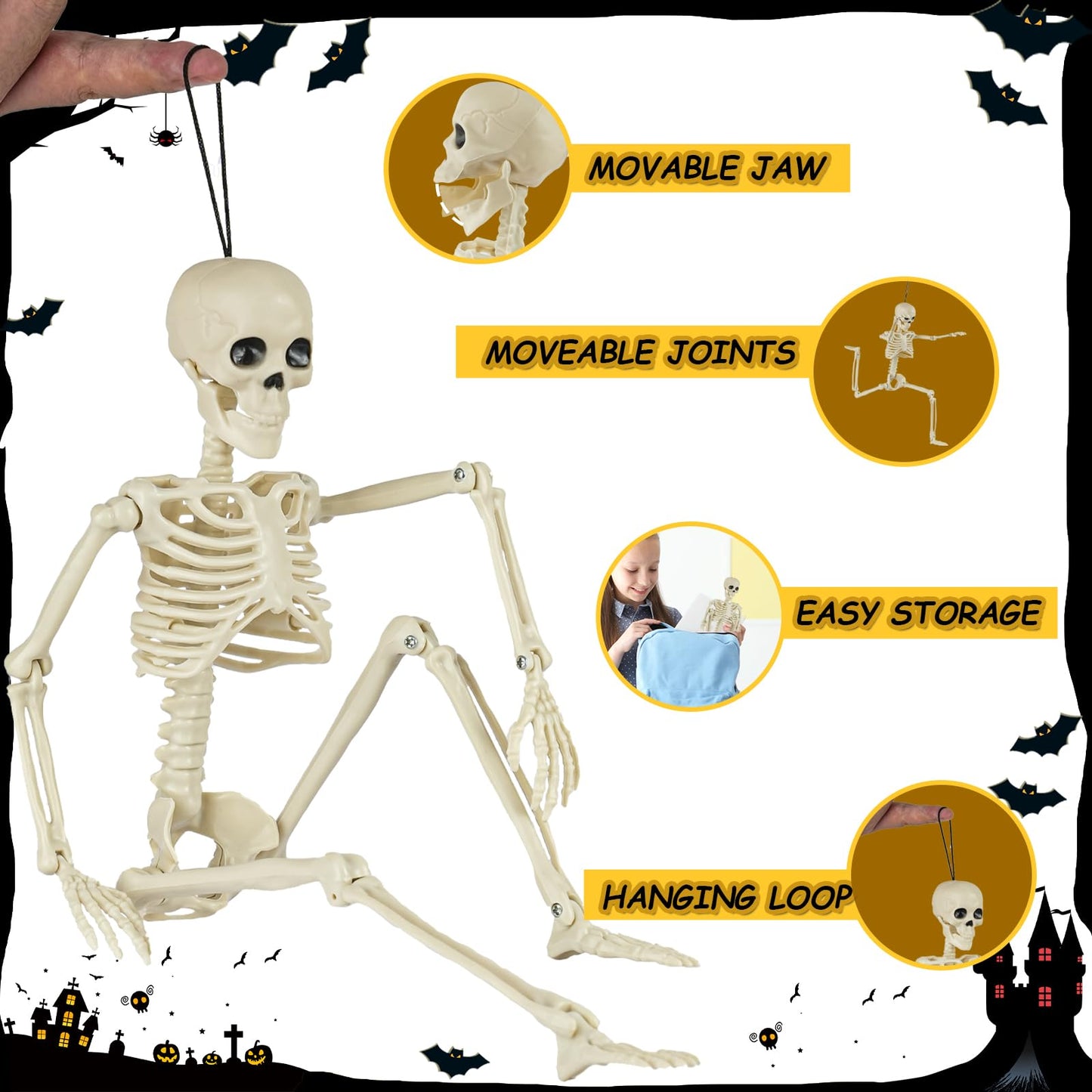 6 Packs Skeleton Halloween Decorations Outdoor with 16" Full Body Posable Joints Skeletons Decor, Halloween Party Decor Indoor, Yard Garden Lawn Graveyard Haunted House Props Spooky Party Decorations