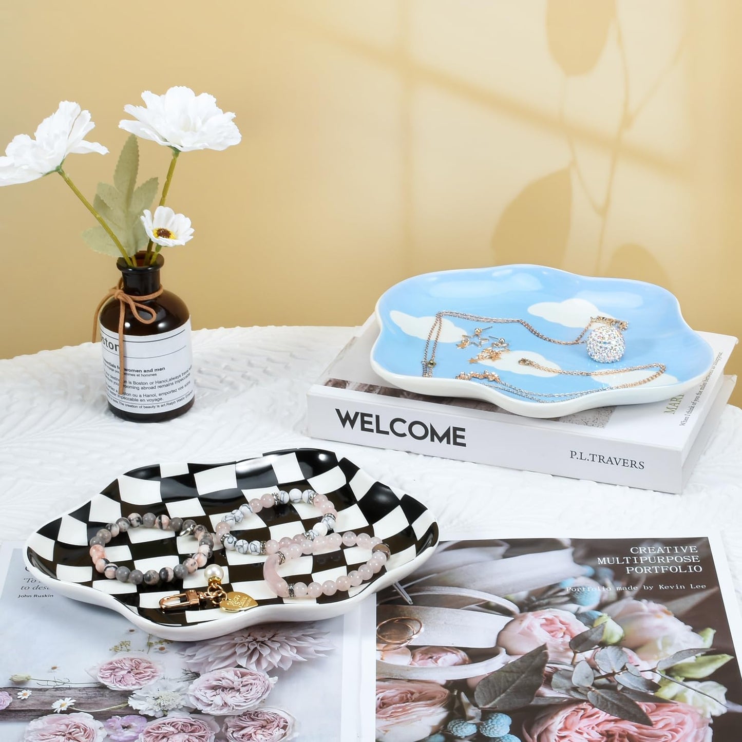 Koythin Jewelry Tray, Ceramic Jewelry Dish Trinket Tray Organizer, Checkered Pattern Aesthetic Decorative for Kitchen, Bathroom (Black and White Checkerboard)