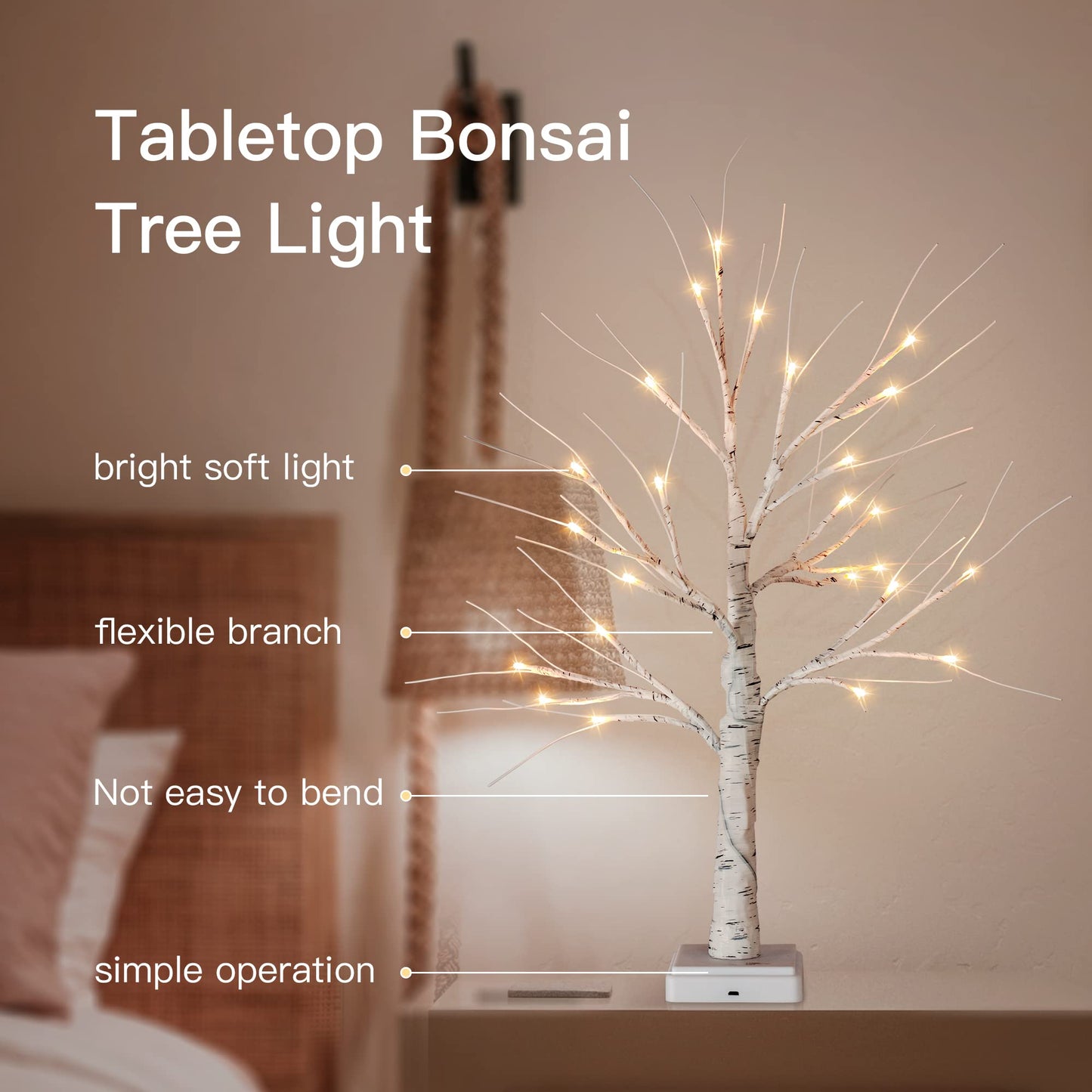Woohaha Birch Tree for Christmas Decorations,2ft 24LED Warm White Lighted Birch Tree，Battery USB Timer Tabletop Artificial Mini Tree with Lights for Home Indoor Holiday Party Wedding Graduation Decor