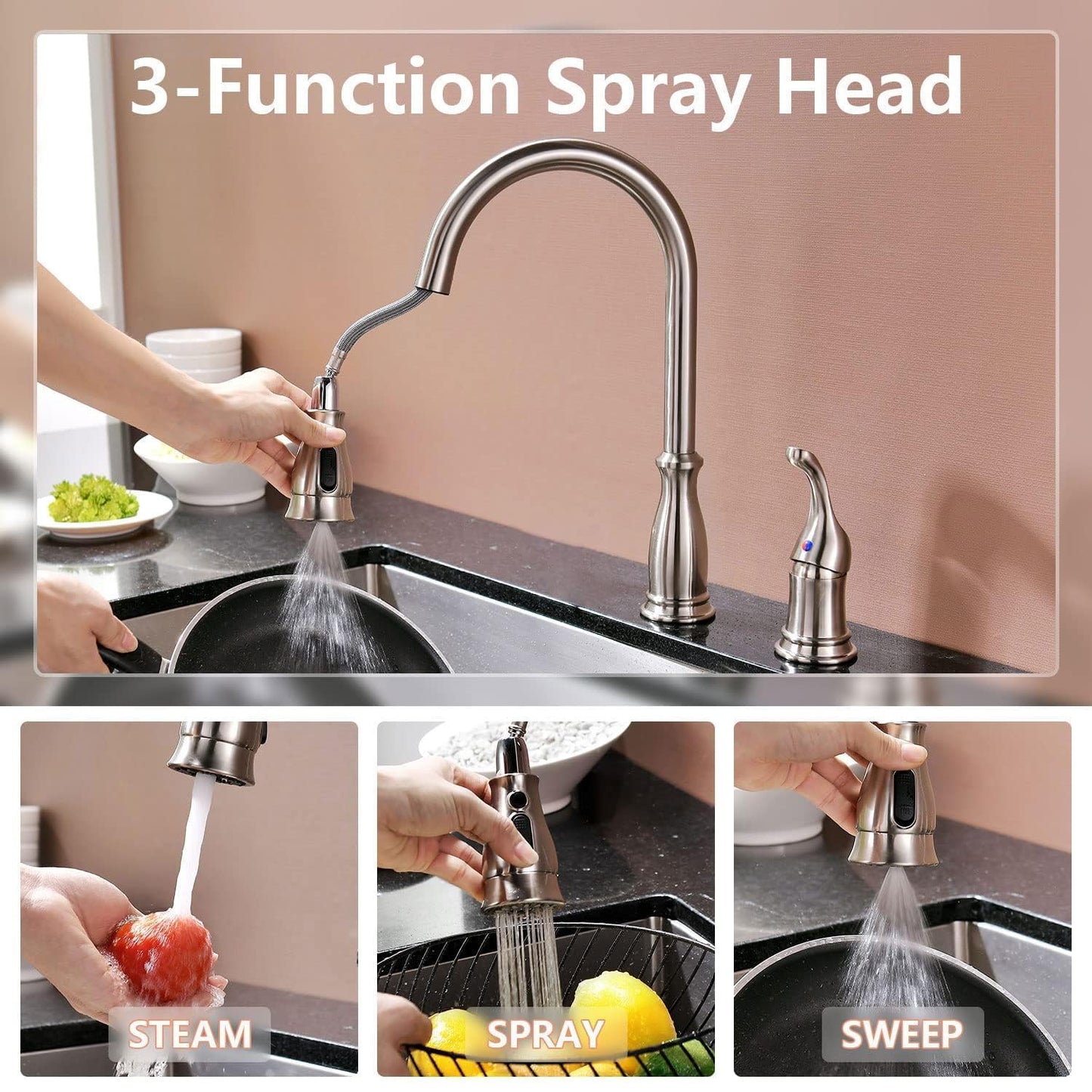APPASO 3 Hole Kitchen Faucet with Pull Down Sprayer, Kitchen Faucets with Soap Dispenser, 3 Pieces Kitchen Sink Faucet with Separate Handle, Matte Black Kitchen Faucet 3 Hole, 218MB