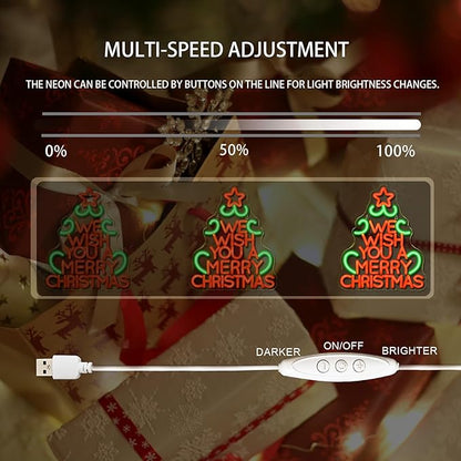 We Wish You a Merry Chritmas Neon Sign, Christmas Tree LED Neon Sign, LED Sign with Star for Christmas Decor, Holiday Wall Decoration, USB Powered, Adjustable Brightness