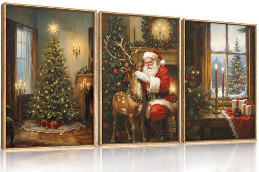 Ausril Vintage Christmas Wall Art Set, Santa Reindeer Snowy Painting, Lit Tree Candle Window Artwork for Living Room, Bedroom, Fireplace, Xmas Gifts for Home Decoration -16"x24"x3