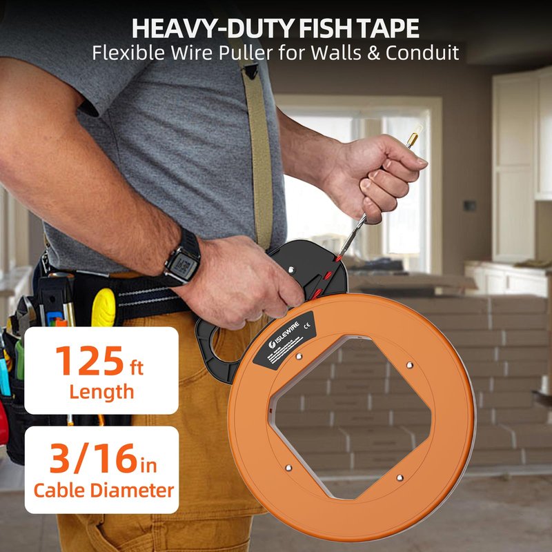 islewire 125 ft Electrical Fish Tape, 3/16-inch PET Wire Puller with Optimized Housing and Ergonomic Handle, Flexible Non-Conductive Cable Puller Tool with Steel Leader for Walls and Conduit