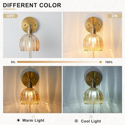 Plug in Wall Sconces Set of 2, Vintage Wall Sconce Light with Tulip Amber Glass Lampshade, 180° Adjustable Wall Sconce with Switch and Plug in Wall Lamp Cord, Gold Wall Light Decor Set of 2