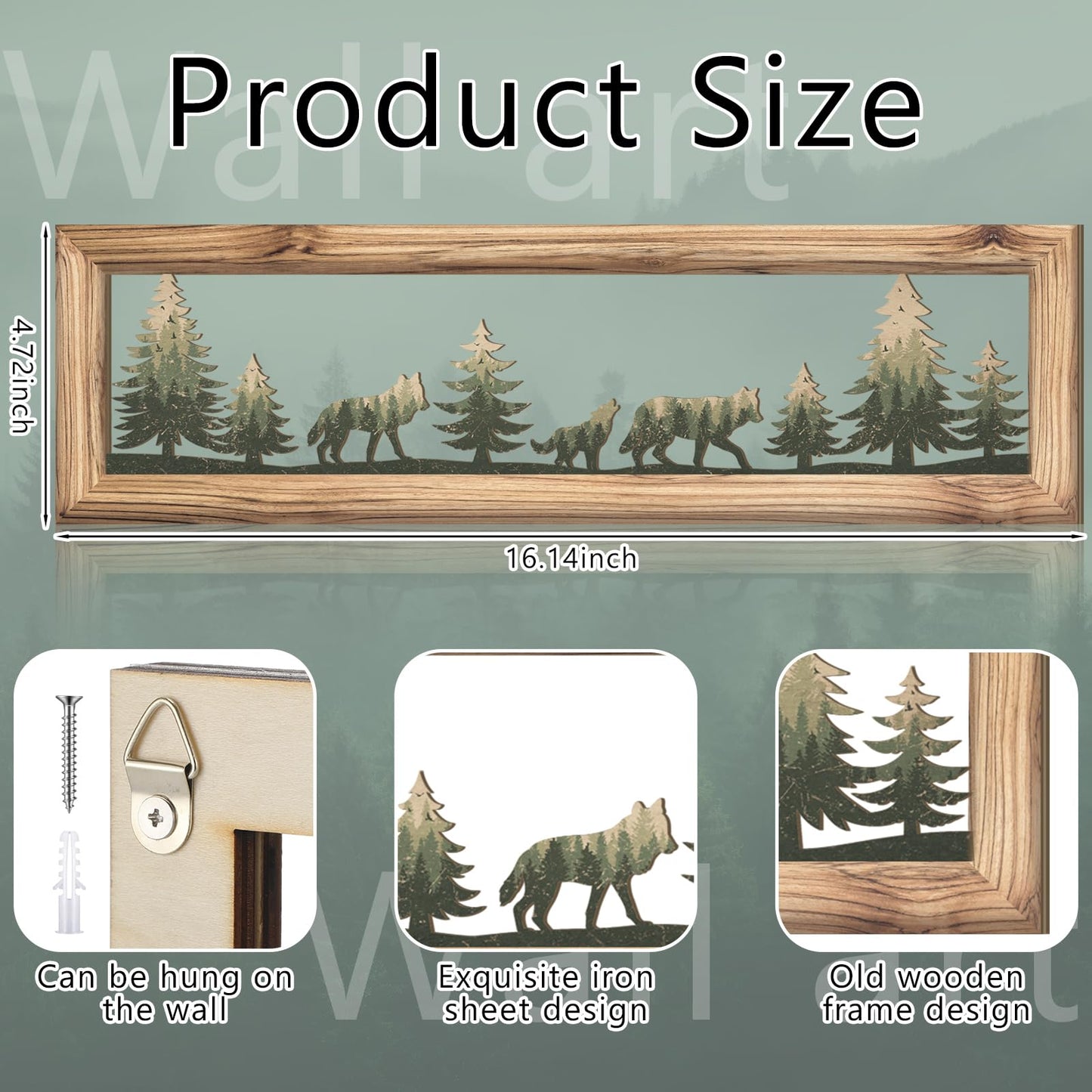 Wesiti Woodland Wolf Wall Art 16 Inch Wood Frame Metal Rustic Forest Animal Wall Decor Farmhouse Lodge Cabin Picture Art Decor for Home Bedroom Living Room