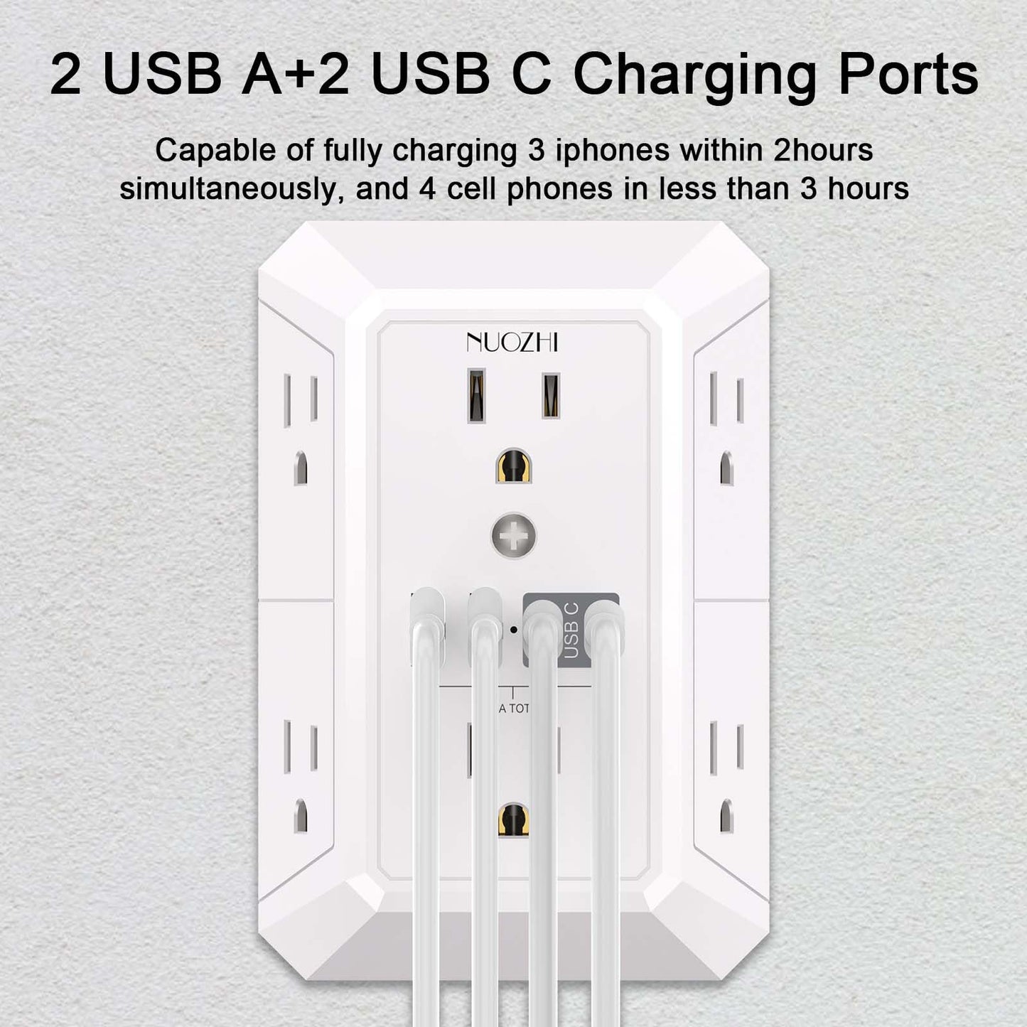 Outlet Extender Surge Protector - NUOZHI 6 Outlet Splitter with 4 USB Ports(2 USB-C), Multi Plug Wall Outlet 1680J Power Strip for Home Office Dorm Room Essentials, ETL, White