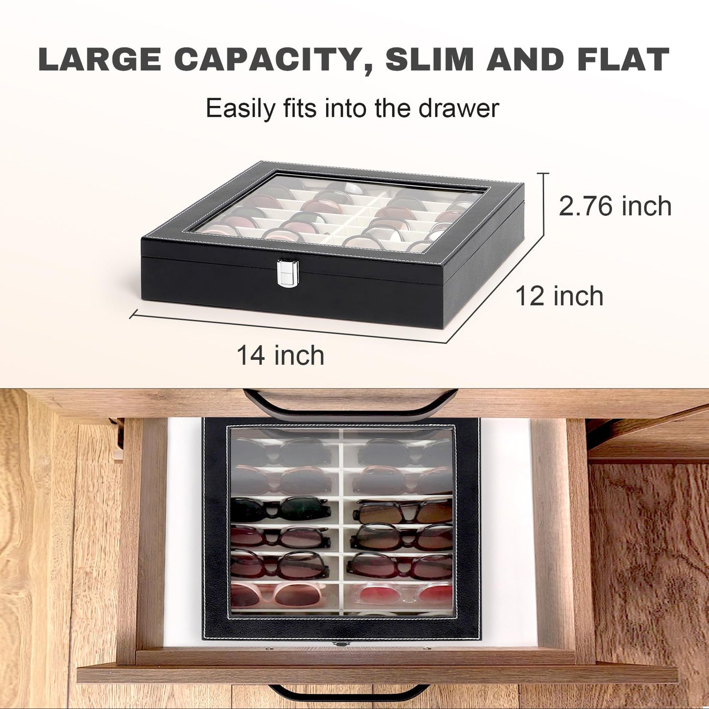 Huvon Sunglasses Organizer Case with Adjustable Slots, Eyeglasses Display with Lid, Eyewear Storage Box for Large Glasses