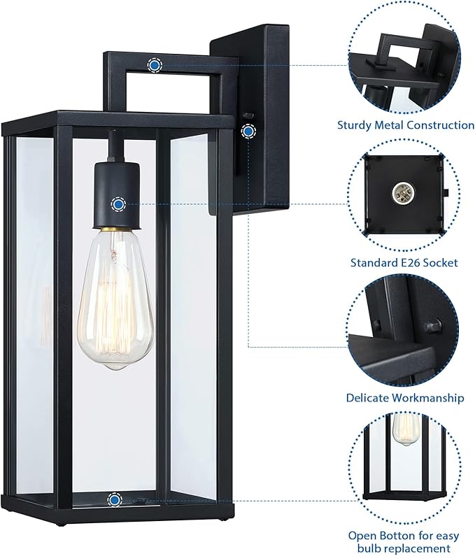 Outdoor Wall Lantern, 15" Large Exterior Waterproof Wall Sconce Light Fixture, Anti-Rust Black Porch Lights Mount Lighting for Outside, Patio,Front Back House, Garage, Entryway