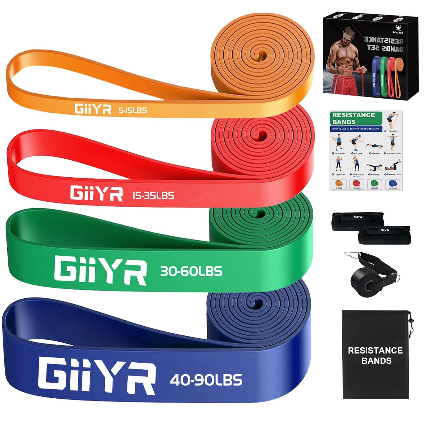 Resistance Bands Set for Men & Women - 4 Levels Exercise Band with Door Anchor, Pull Up Bands for Strength Training, Stretching, Powerlifting, Home Workouts