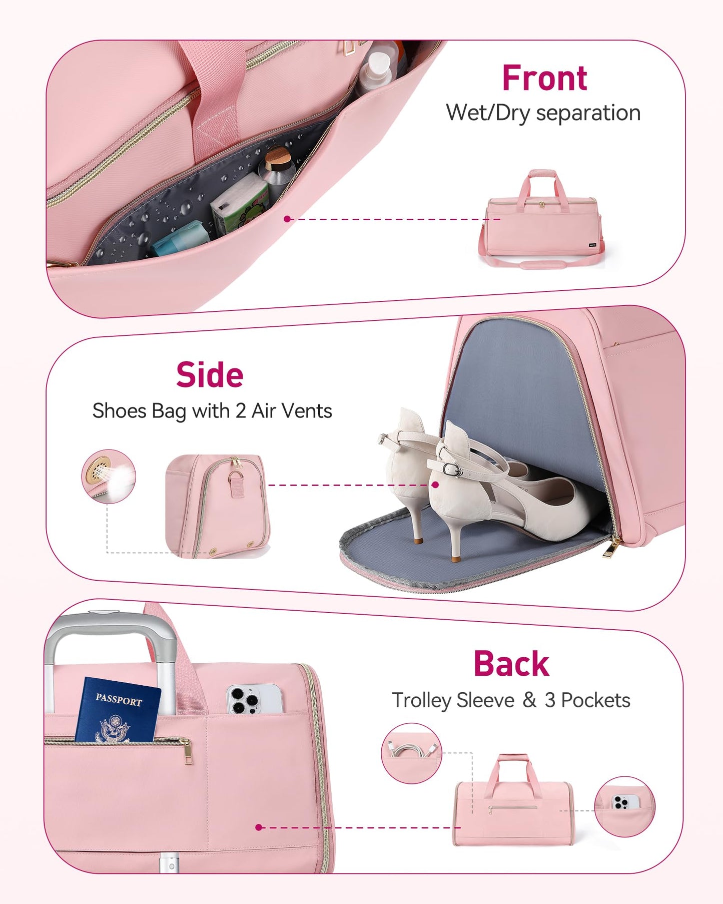 Convertible Travel Garment Bag, Carry on Garment Duffel Bag, 2 in 1 Hanging Dress Suitcase Suit Travel Bags, for Business Trips with Shoe Compartment & Multiple Pockets, AGPTEK (Pink)