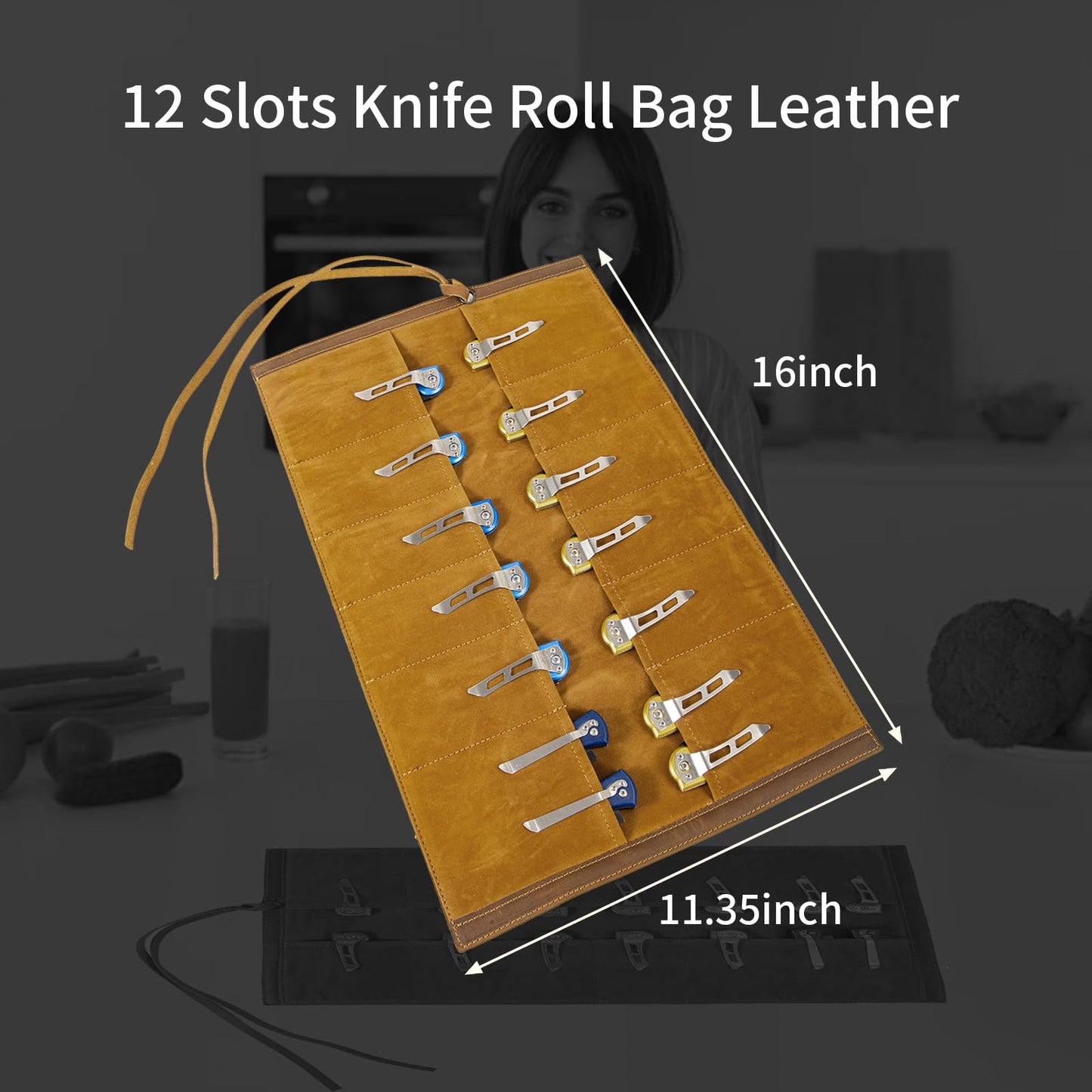 Baizoy Leather Knife Display Bag with 12 Slots Pocket Knives,Folding Knife Holder Organizer,Tactical Outdoor for EDC Mini Knife Bags, Leather Knife roll Collection Protector Bag (Brown)