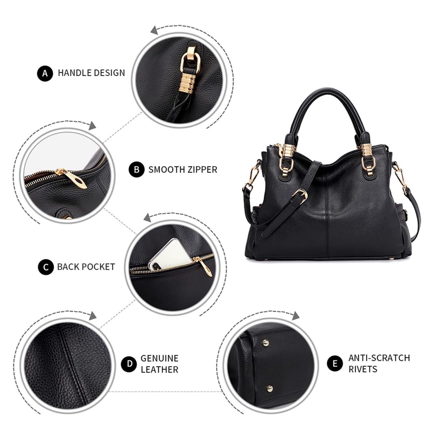 Kattee Women's Genuine Leather Purses and Handbags, Satchel Tote Shoulder Bag (Black)