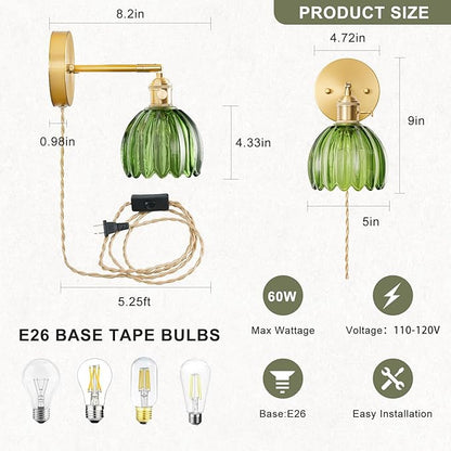 Plug in Wall Sconces Set of 2, Vintage Wall Sconce Light with Tulip Green Glass Lampshade, 180° Adjustable Wall Sconce with Switch and Plug in wall lamp Cord, Gold Wall Light Wall Decor Set of 2