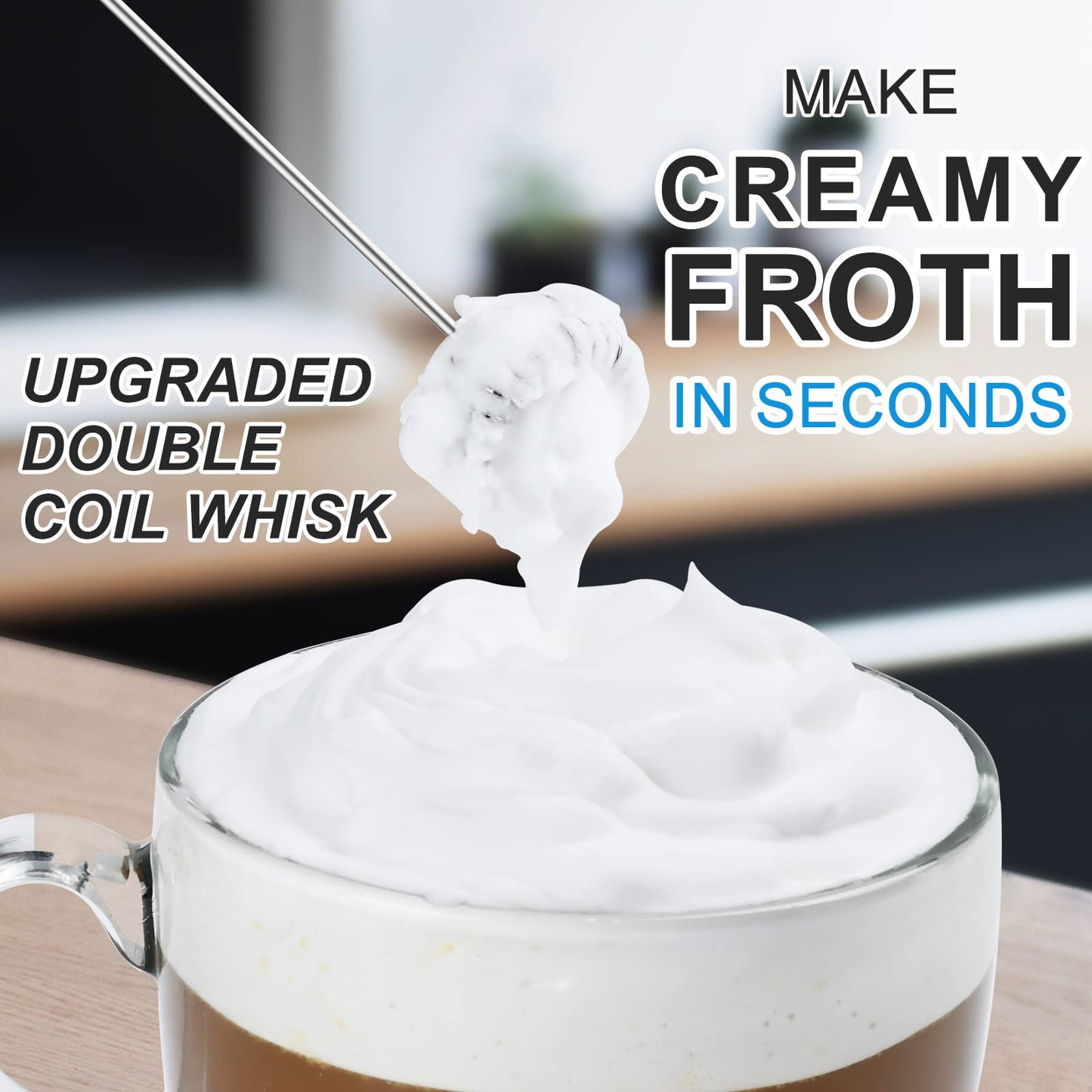 Powerful Milk Frother with Double Whisk, Handheld Electric Foam Maker, Hand Mixer Wand, Portable Mini Blender Foamer Stirrer for Coffee, Latte, Matcha,Hot Chocolate